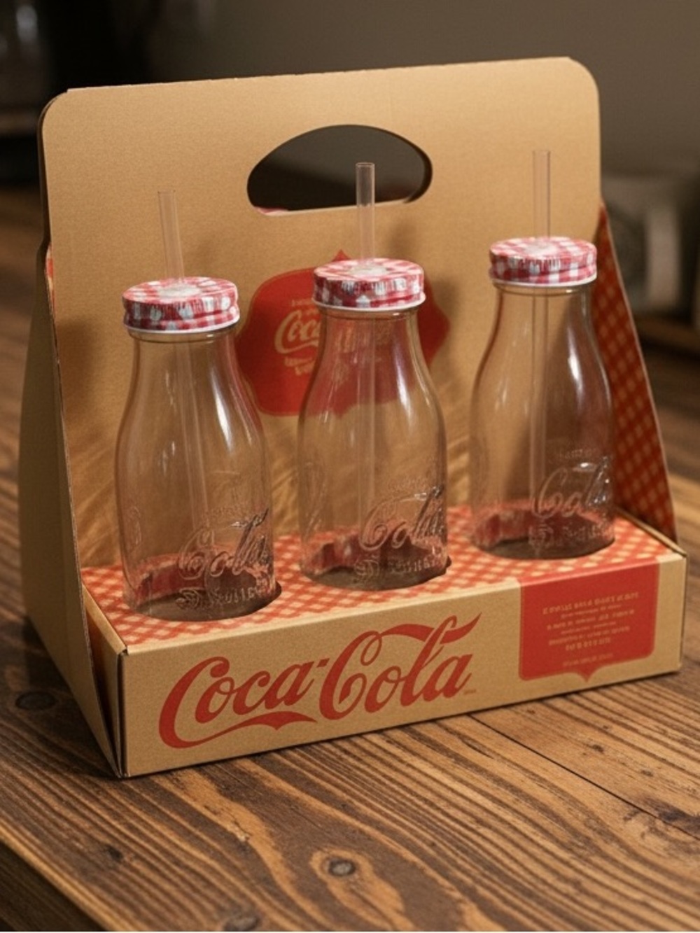Coca-Cola Glass Milk Bottles W/ Lid & Straw Set of 6 With Crate Collectible Item